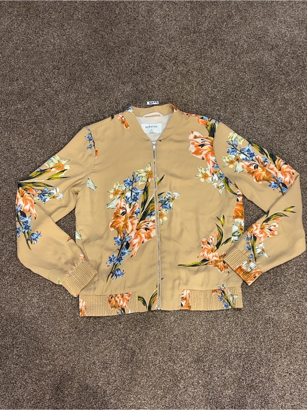 Babaton Beige Floral Bomber Jacket with Orange & Blue Blooms
